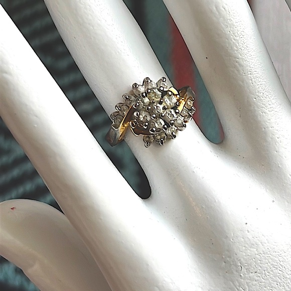 Andrea’s Vintage 14K Gold Plated Diamond Cluster Engagement Ring sz 6 - Picture 1 of 4